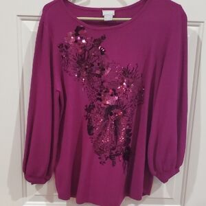 Chico's Magenta Sequin Floral Rayon Blend Blouse